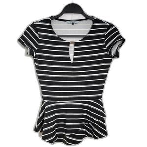 Finnigans Black & White Stripes Top Key Hole Scoop Neck Peplum Waist Size 30